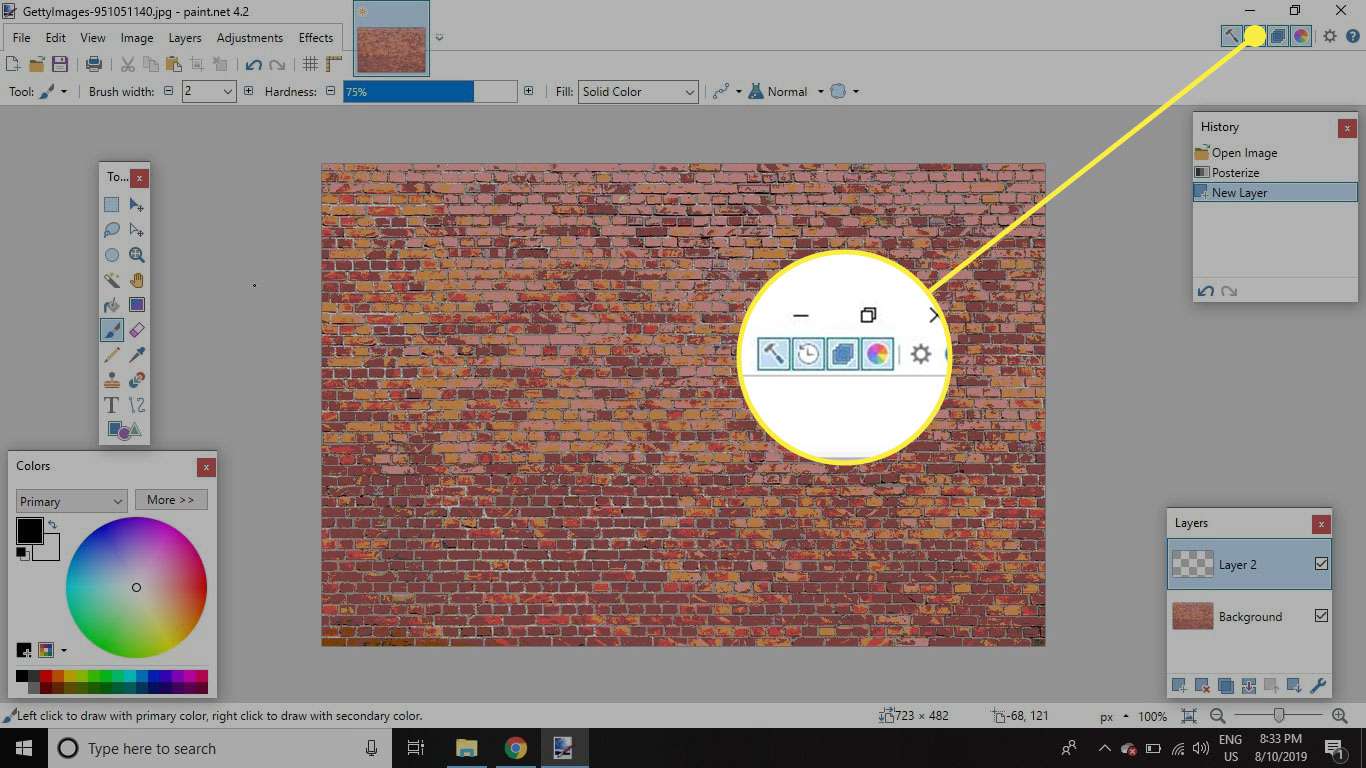 Snímek obrazovky Paint.NET se zvýrazněným tlačítkem Layers