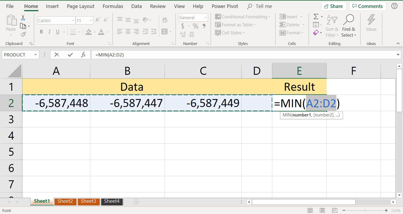 Snímek obrazovky zobrazující data, která byla vybrána jako funkční argumenty pro funkci Excel MIN