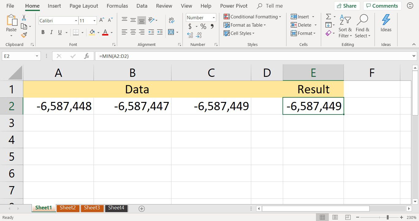 Snímek obrazovky ukazující výsledek funkce MIN v listu aplikace Excel