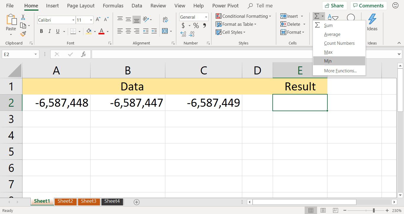 Snímek obrazovky ukazující zkratku funkce MIN na kartě Domů aplikace Excel