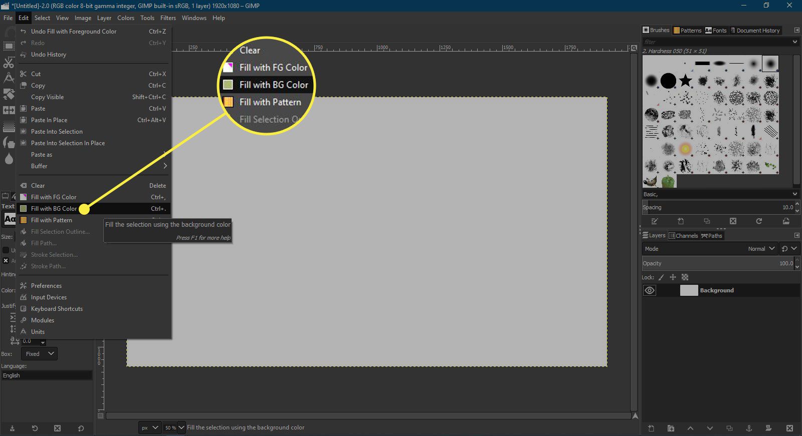 Snímek obrazovky GIMP se zvýrazněným příkazem Vyplnit barvou BG