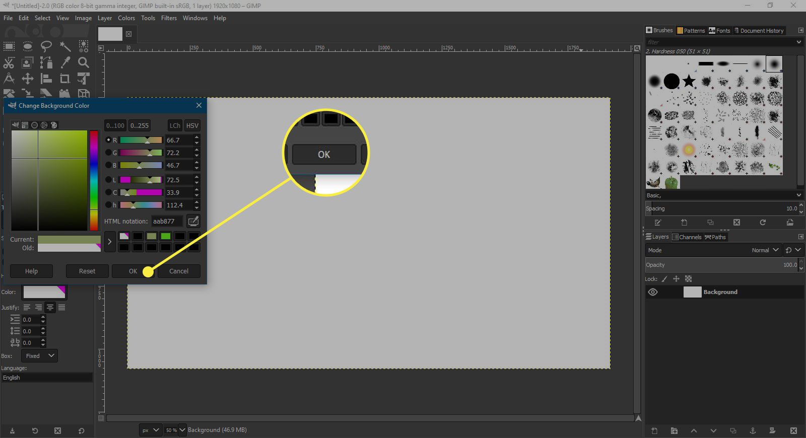 Snímek obrazovky nástroje GIMP pro výběr barev se zvýrazněným tlačítkem OK