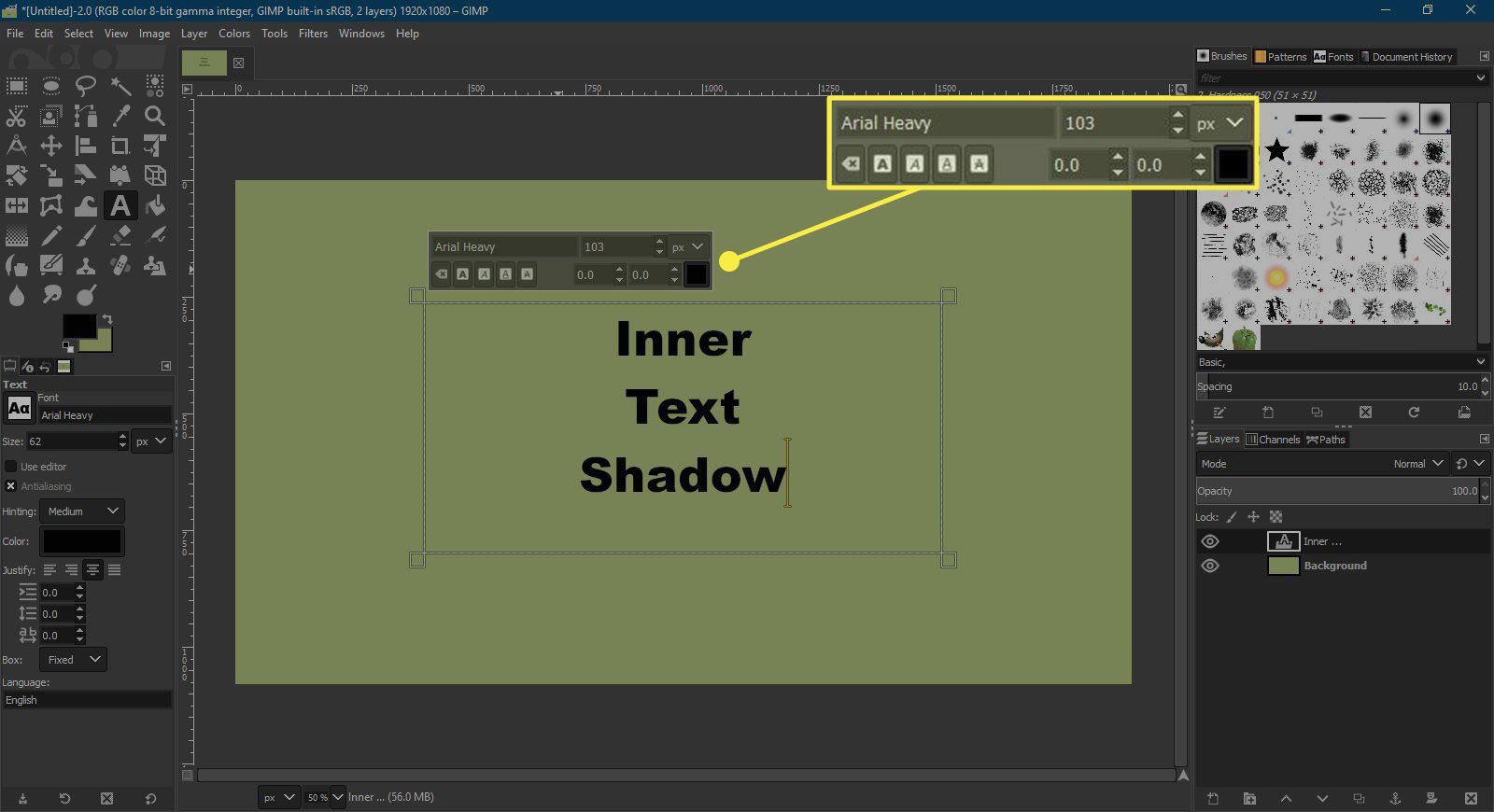 Snímek obrazovky GIMP se zvýrazněnou paletou nástrojů Text