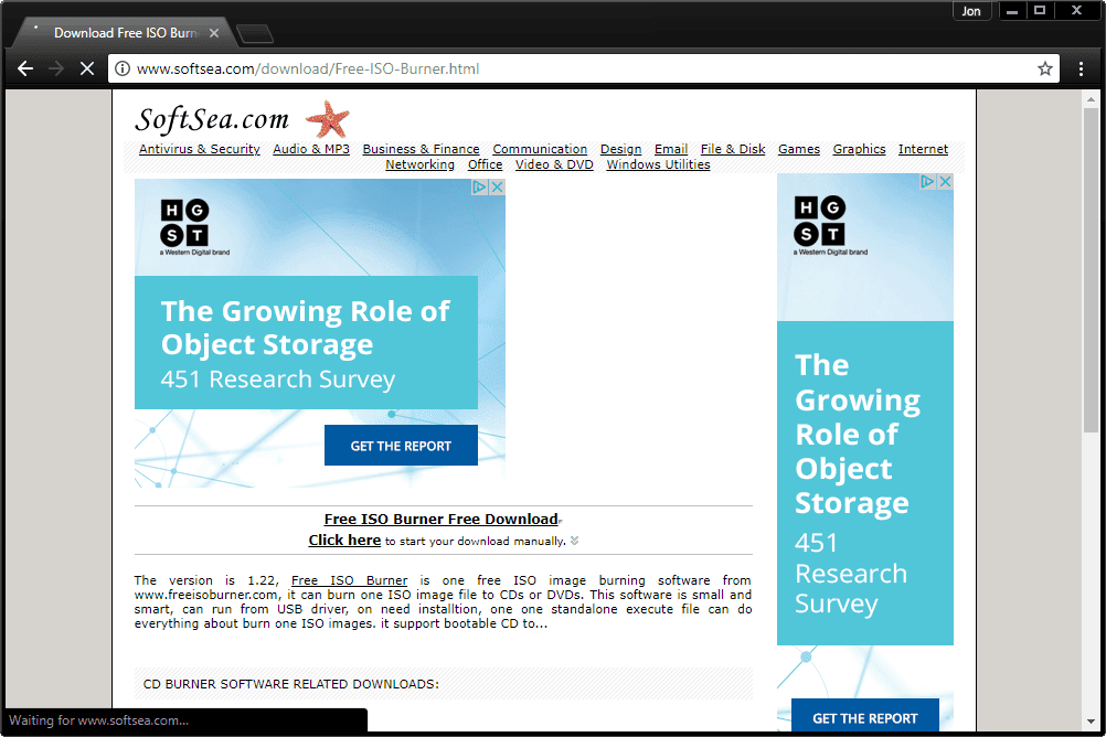 Screenshot ukazující stránku stahování SoftSea.com pro bezplatnou ISO vypalovačku