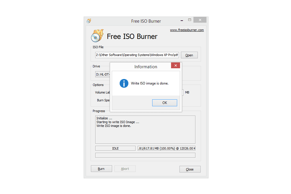 Screenshot ukazující úspěšný zápis disku ve Free ISO Burner