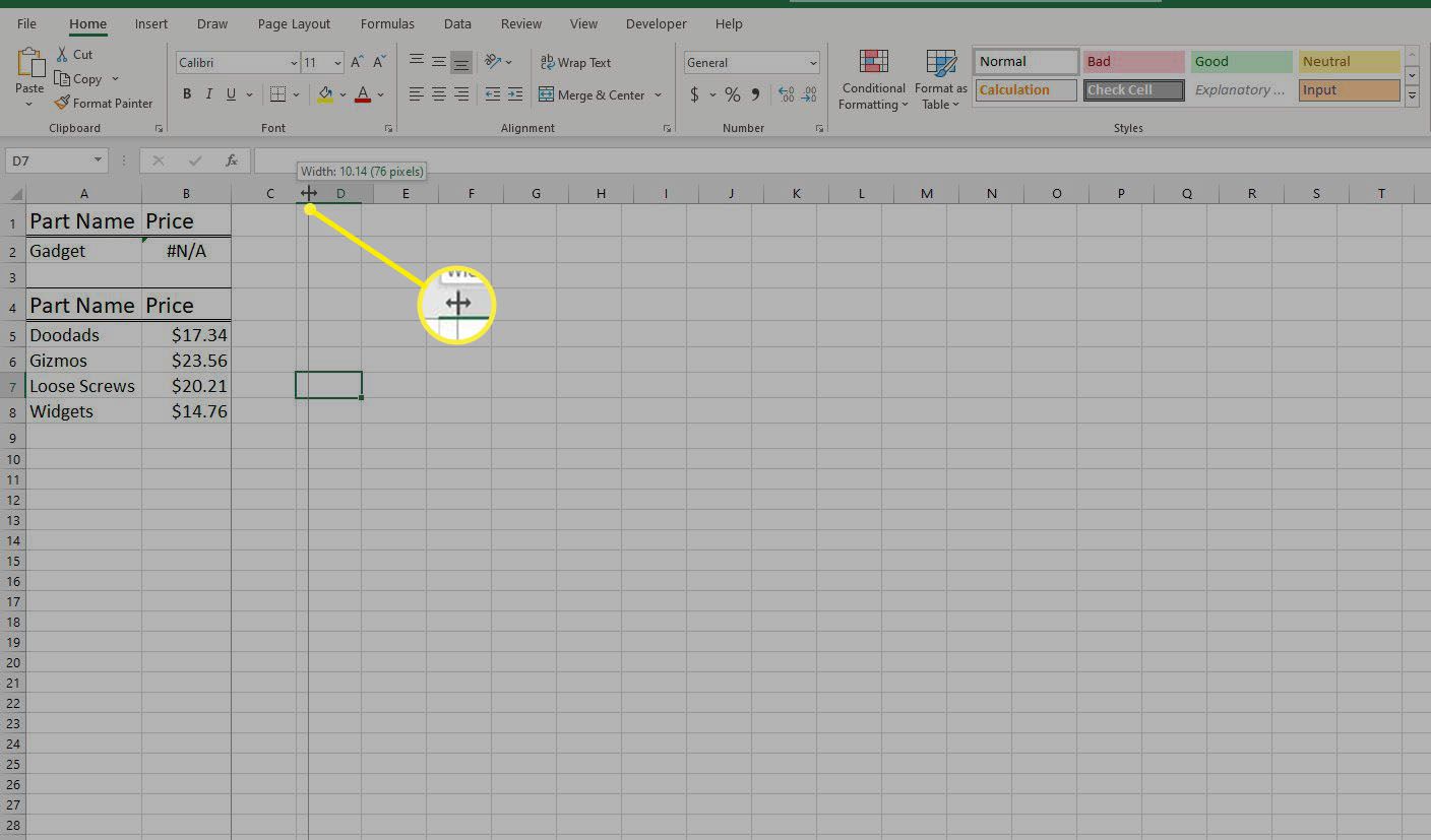 Pomocí myši změňte šířku sloupce v aplikaci Excel