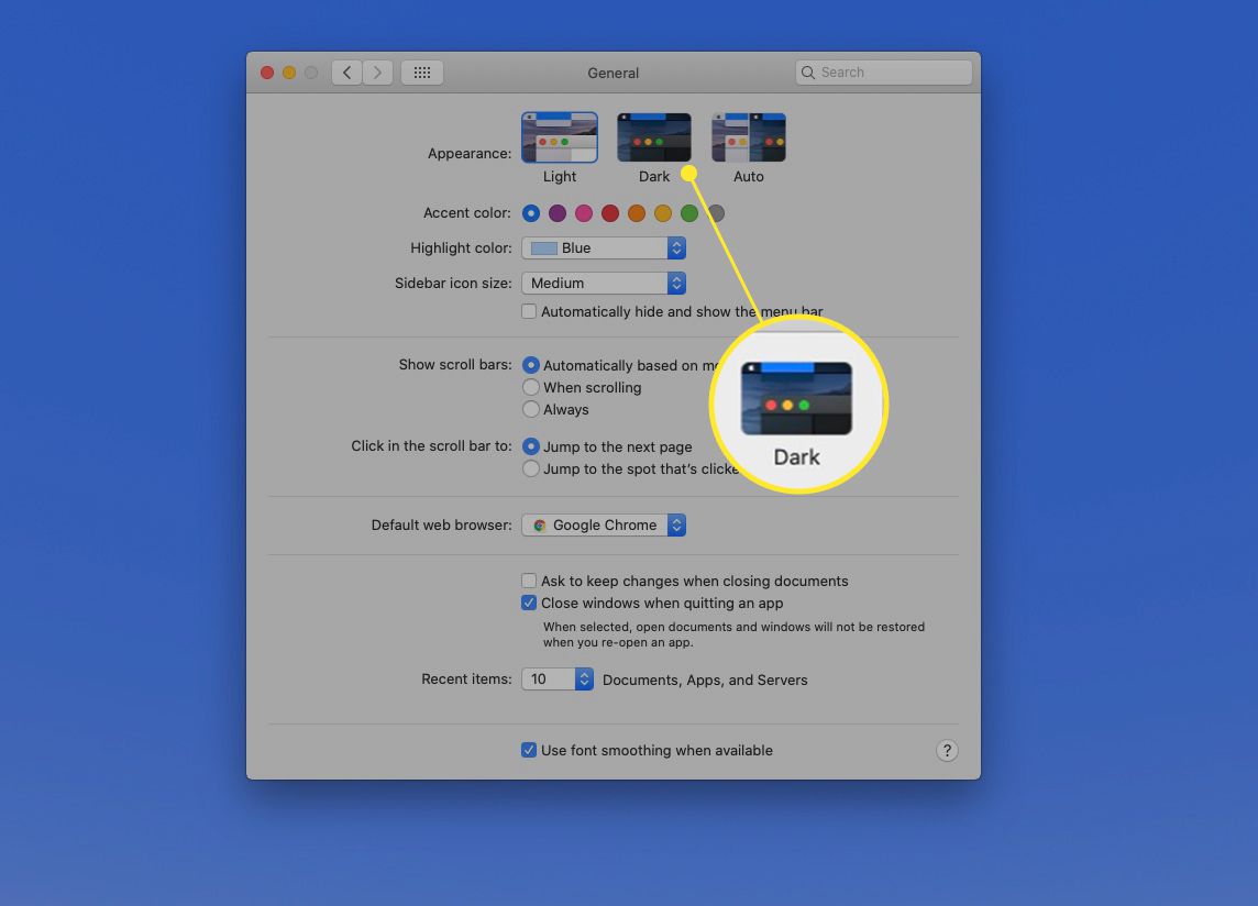 Předvolby systému Mac Vzhled se zvýrazněnou tmavou barvou