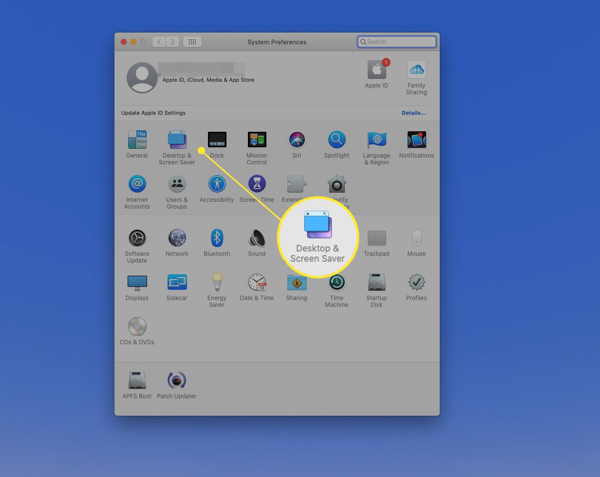 Předvolby systému se zvýrazněným „Desktop a Screen Saver“