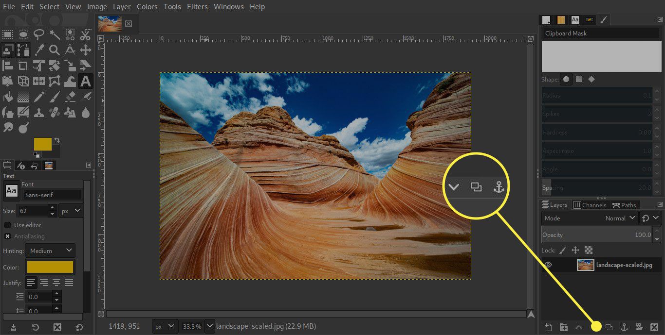 Snímek obrazovky GIMP se zvýrazněným tlačítkem Duplicate Layer