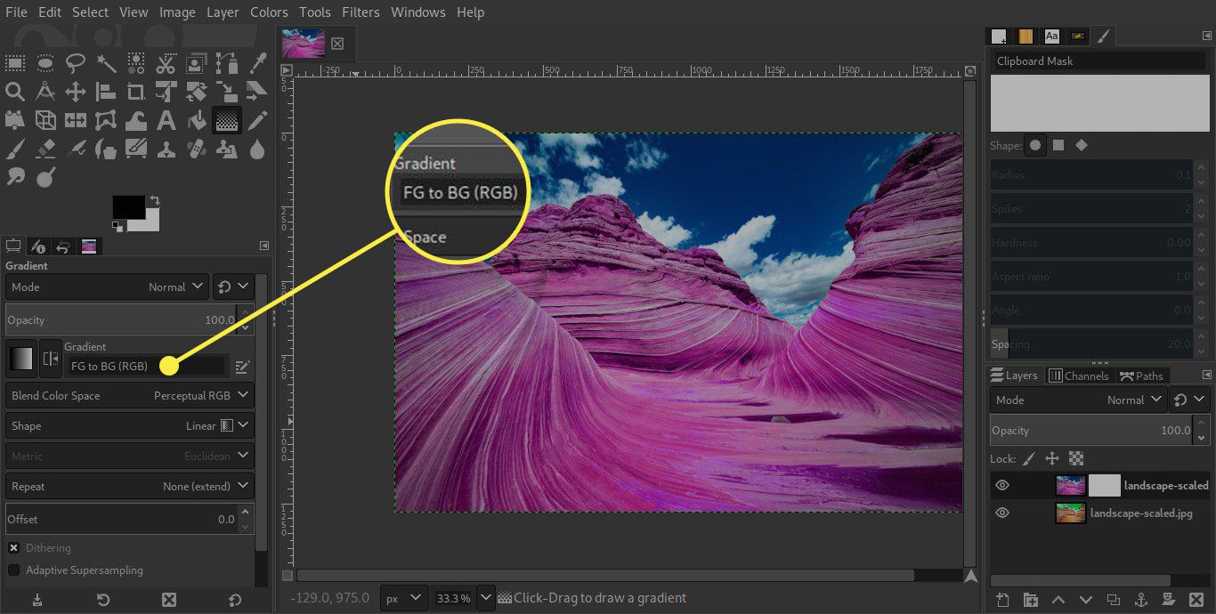 Snímek obrazovky nastavení nástroje Gradient Tool GIMP se zvýrazněnou možností FG to BG