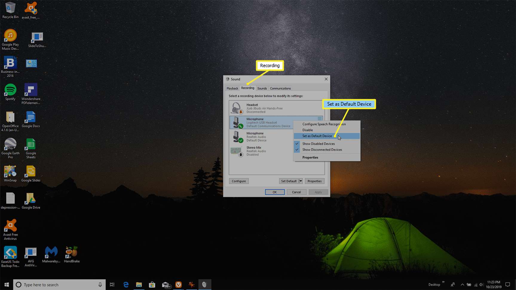 Nastavení pro výchozí mikrofon v systému Windows 10