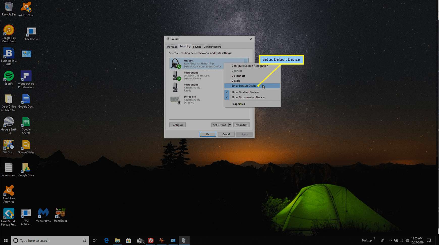 nastavení výchozího zvukového zařízení v systému Windows 10