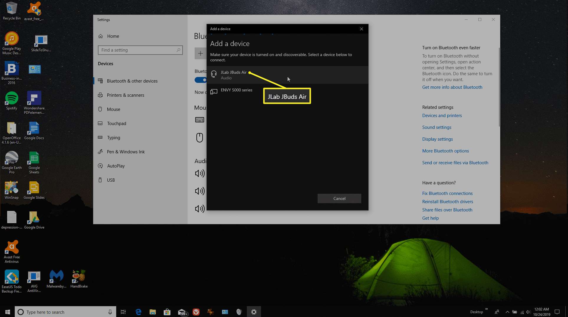 Připojení k zařízení bluetooth v systému Windows 10