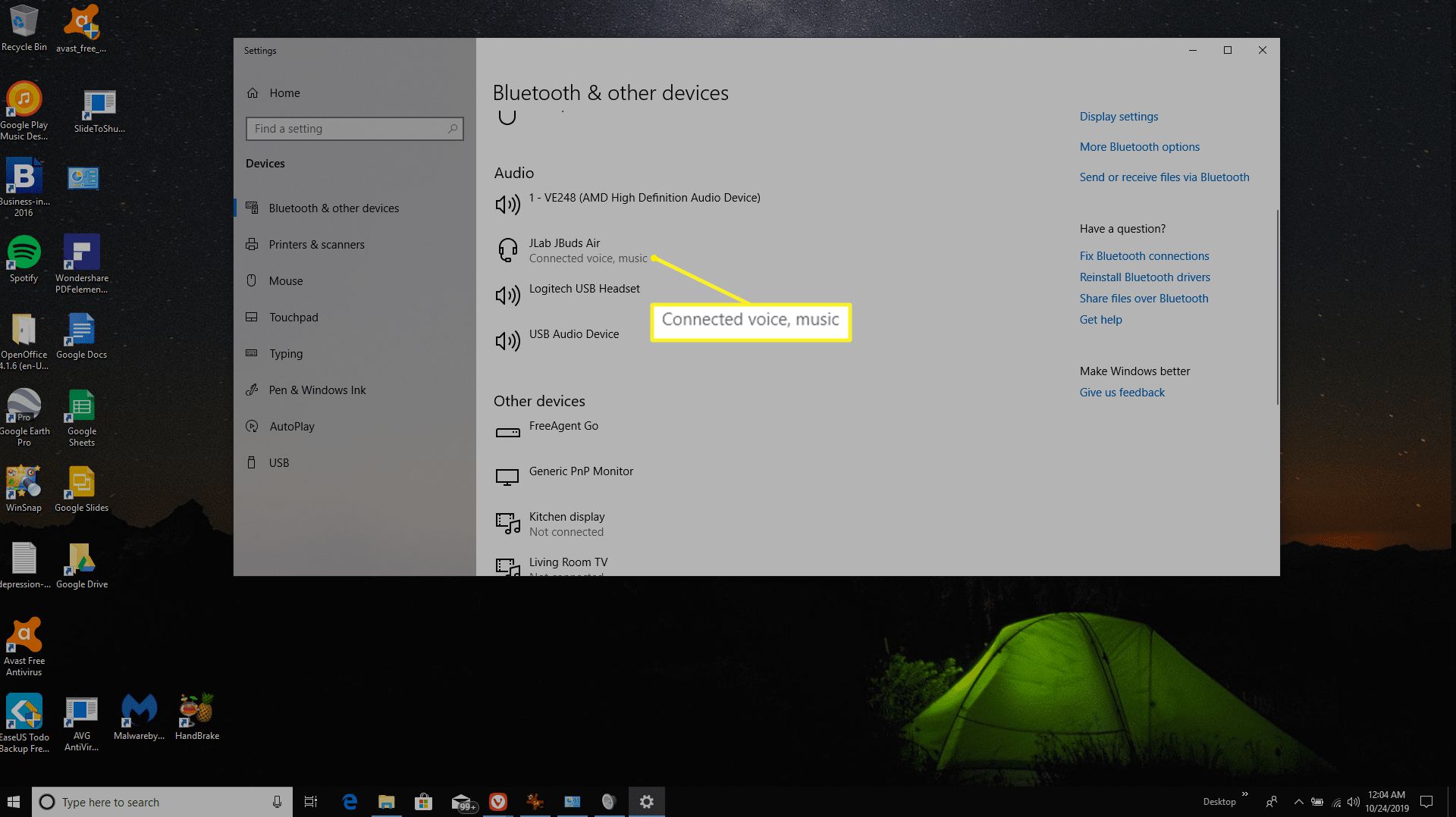 seznam bluetooth zařízení ve Windows 10