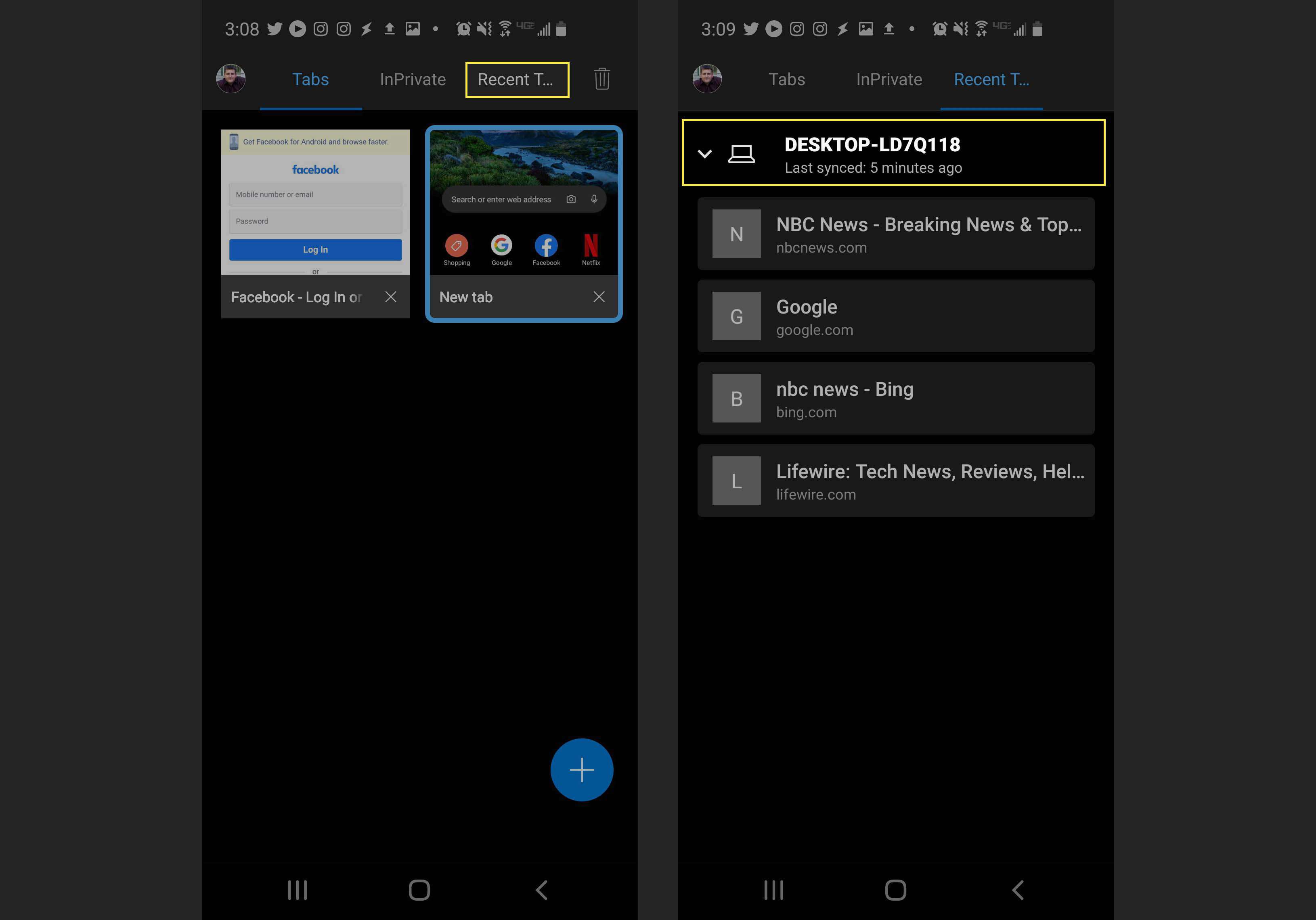 Zobrazení otevřených karet na jiných zařízeních v Microsoft Edge pro Android.