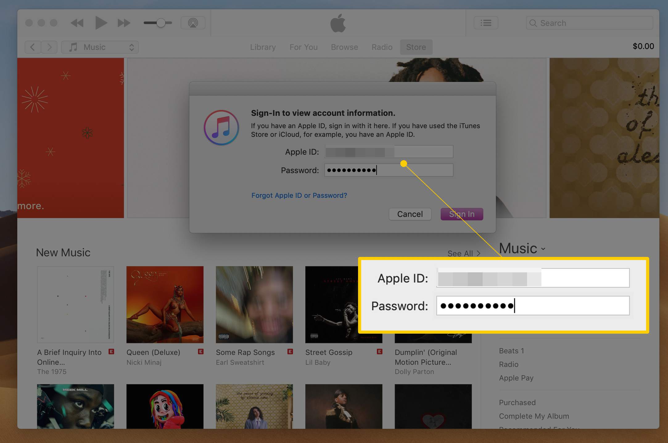 Dialog pro přihlášení v iTunes se zobrazením polí Apple ID a Heslo