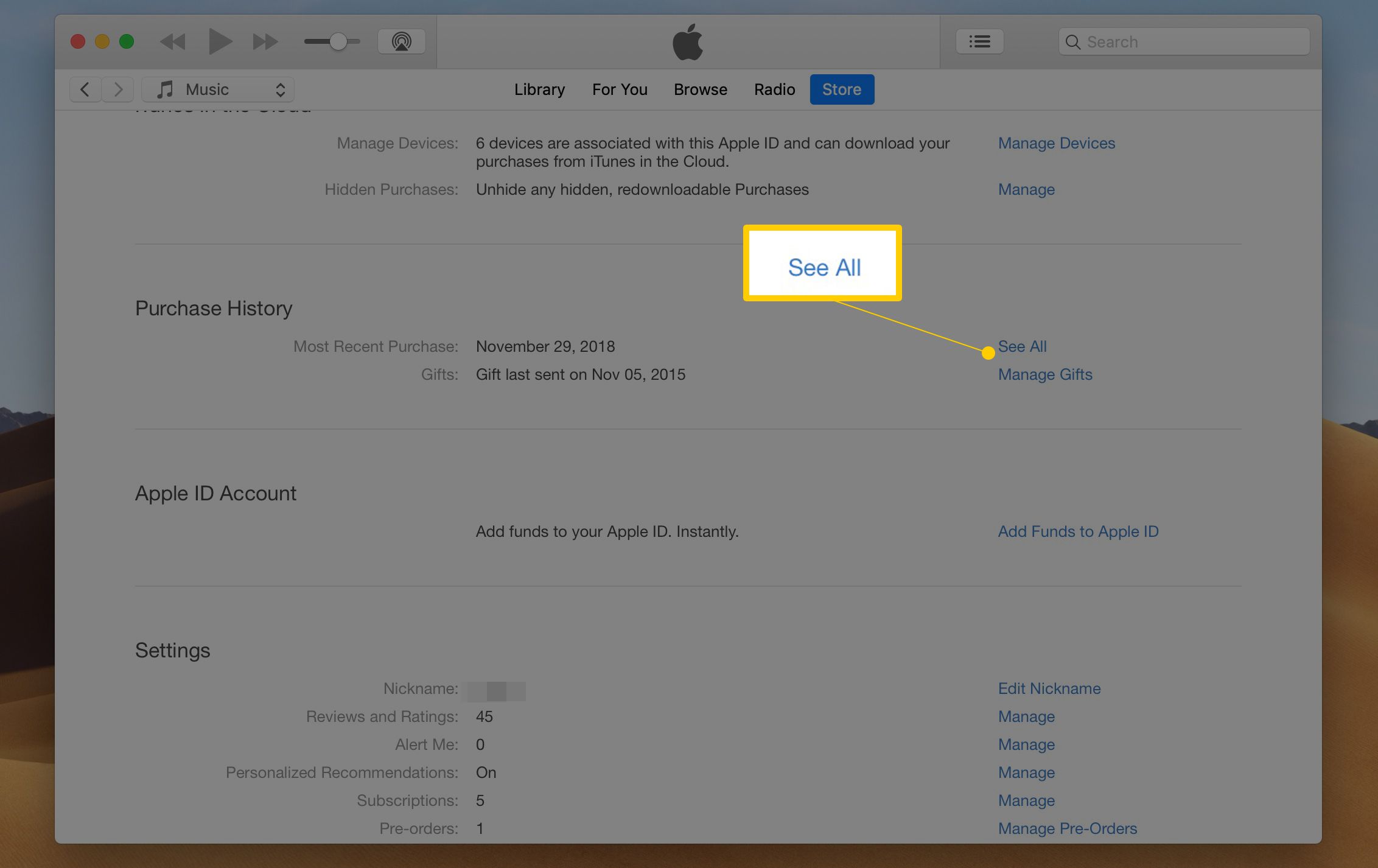 Odkaz Zobrazit vše na obrazovce Informace o účtu iTunes