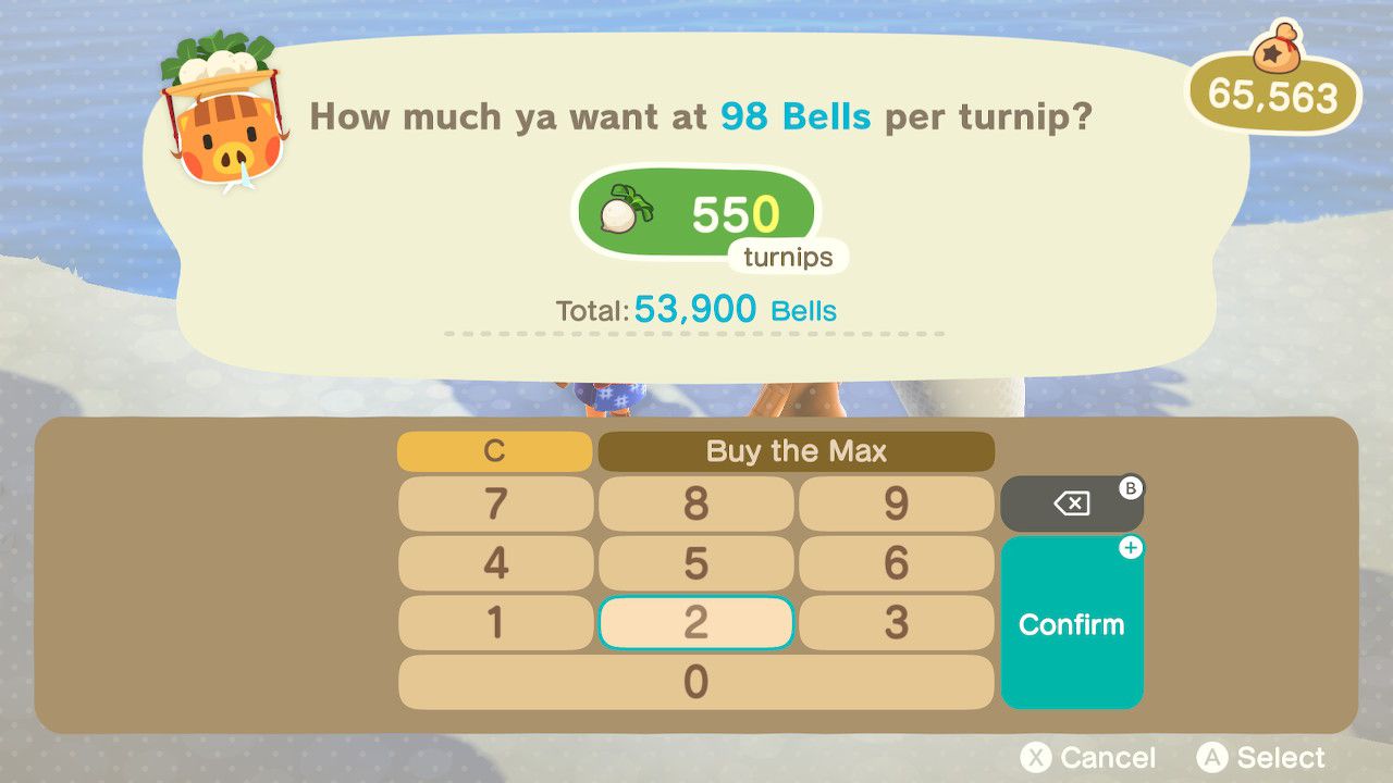 Obrazovka nákupu tuřínu v Animal Crossing: New Horizons