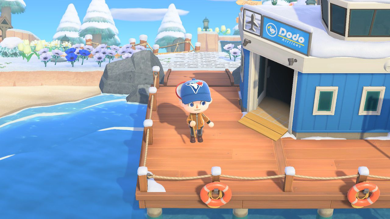 Stojící mimo Dodo Airlines v Animal Crossing: New Horizons