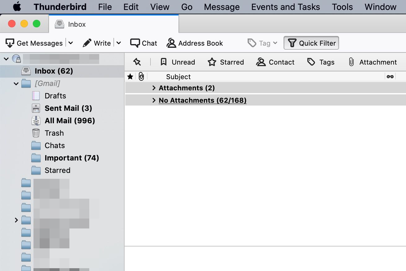 E -mail Thunderbird, seřazený a seskupený podle příloh/žádné přílohy