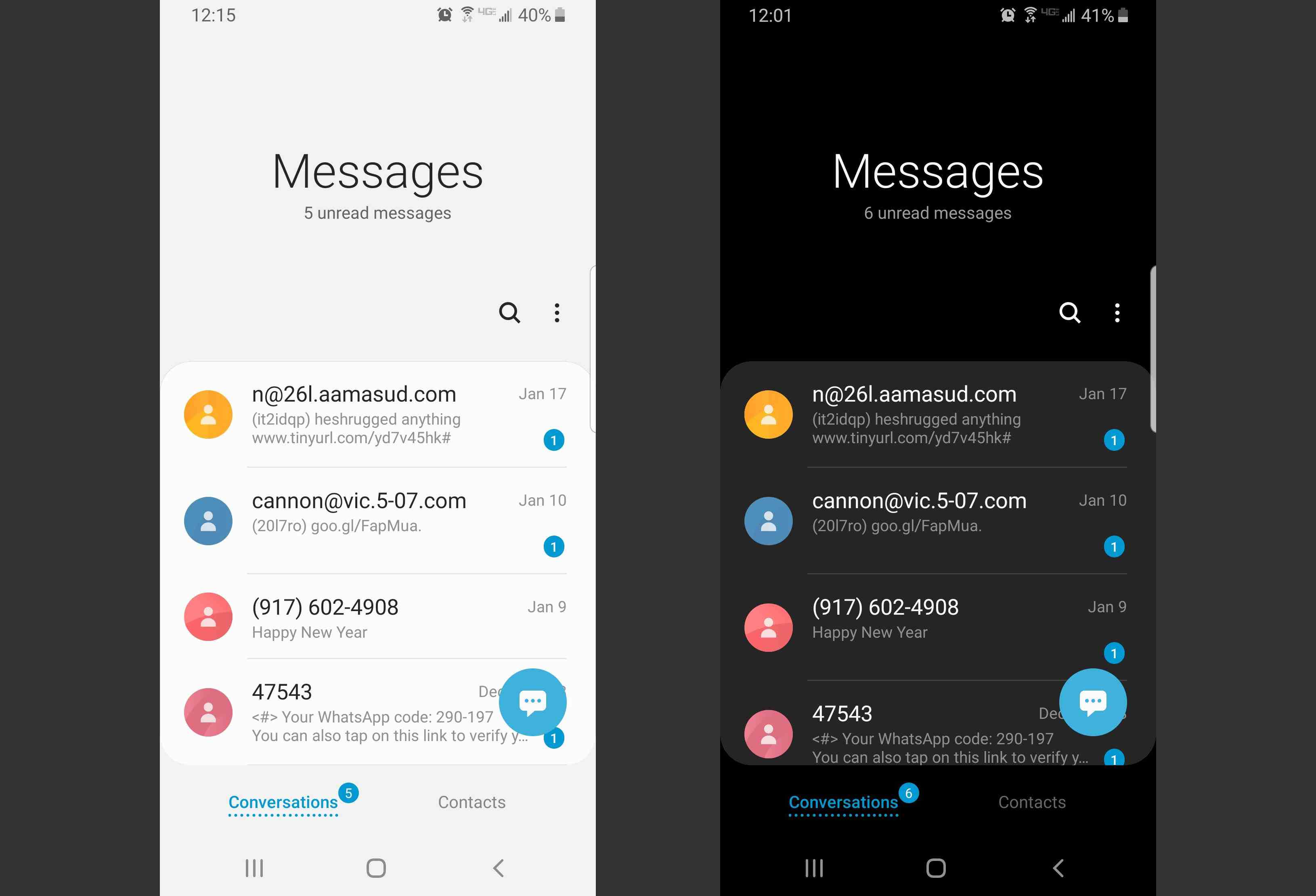Aplikace Samsung One UI Messages v běžném a nočním režimu
