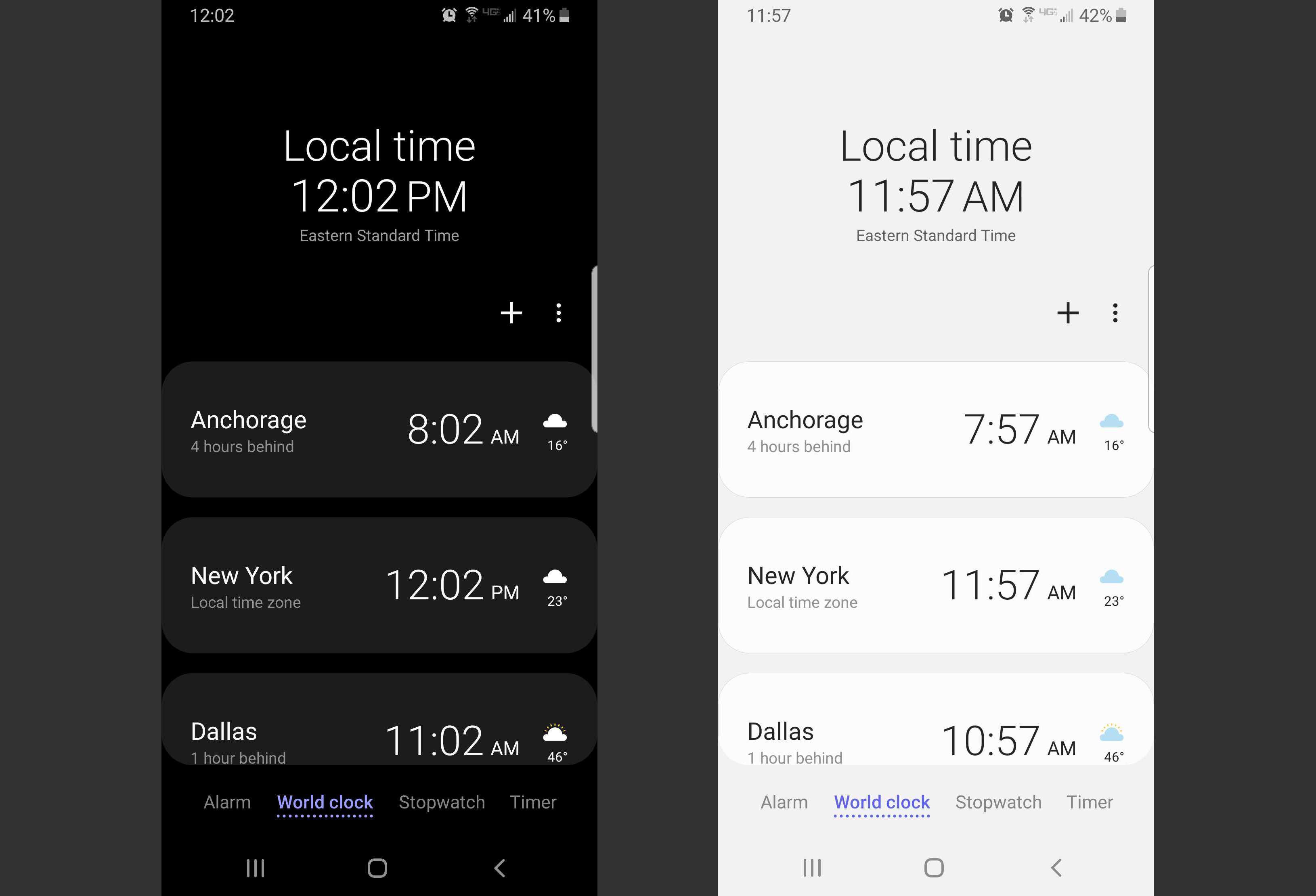 Světové hodiny Samsung One UI v běžném a nočním režimu