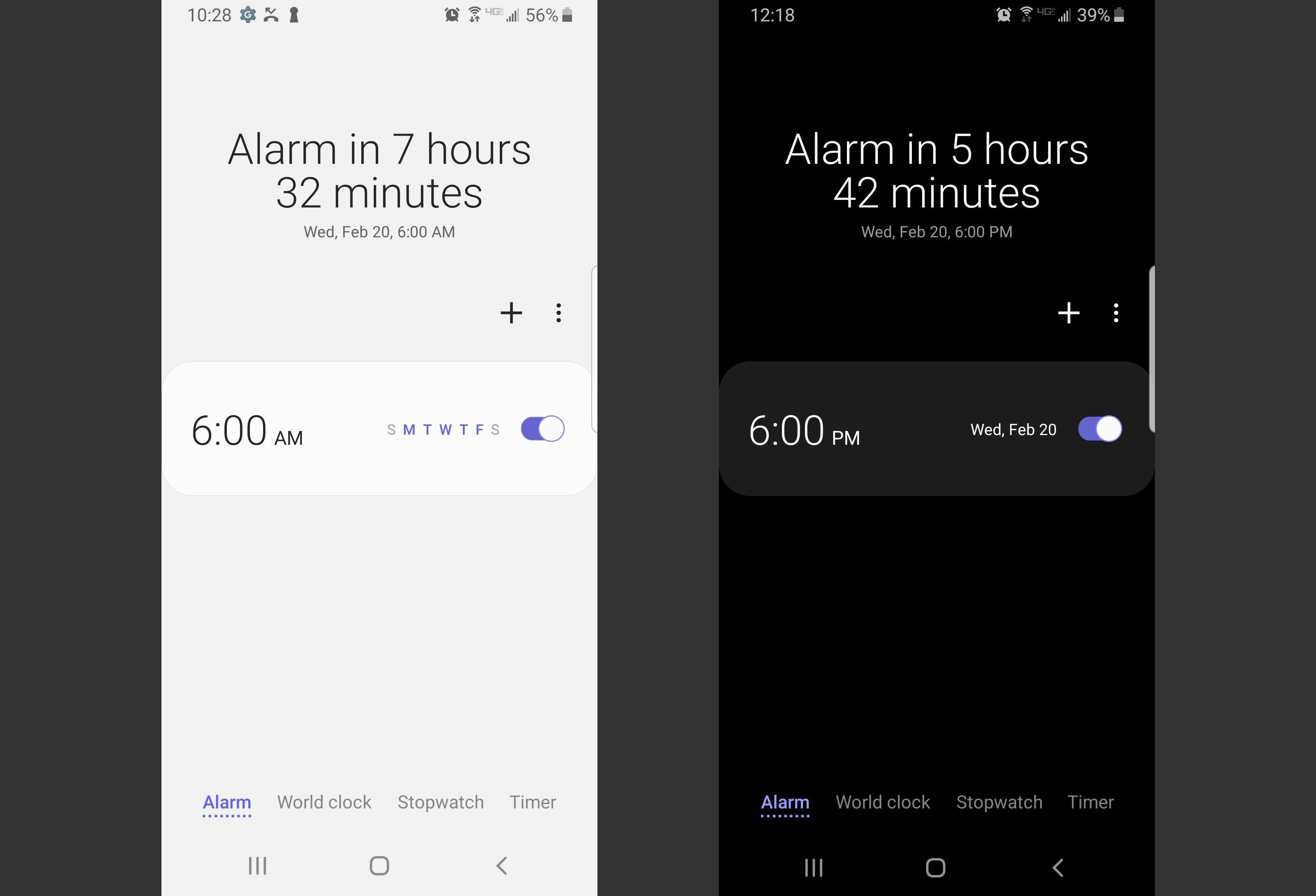 Alarmy Samsung One UI v běžném a nočním režimu