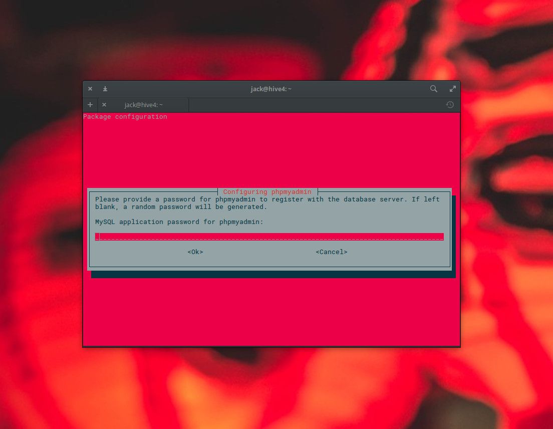 Snímek obrazovky s vytvořením hesla pro instalaci phpMyAdmin.