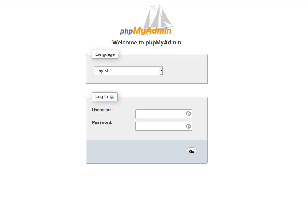 Screenshot přihlašovací obrazovky phpMyAdmin.
