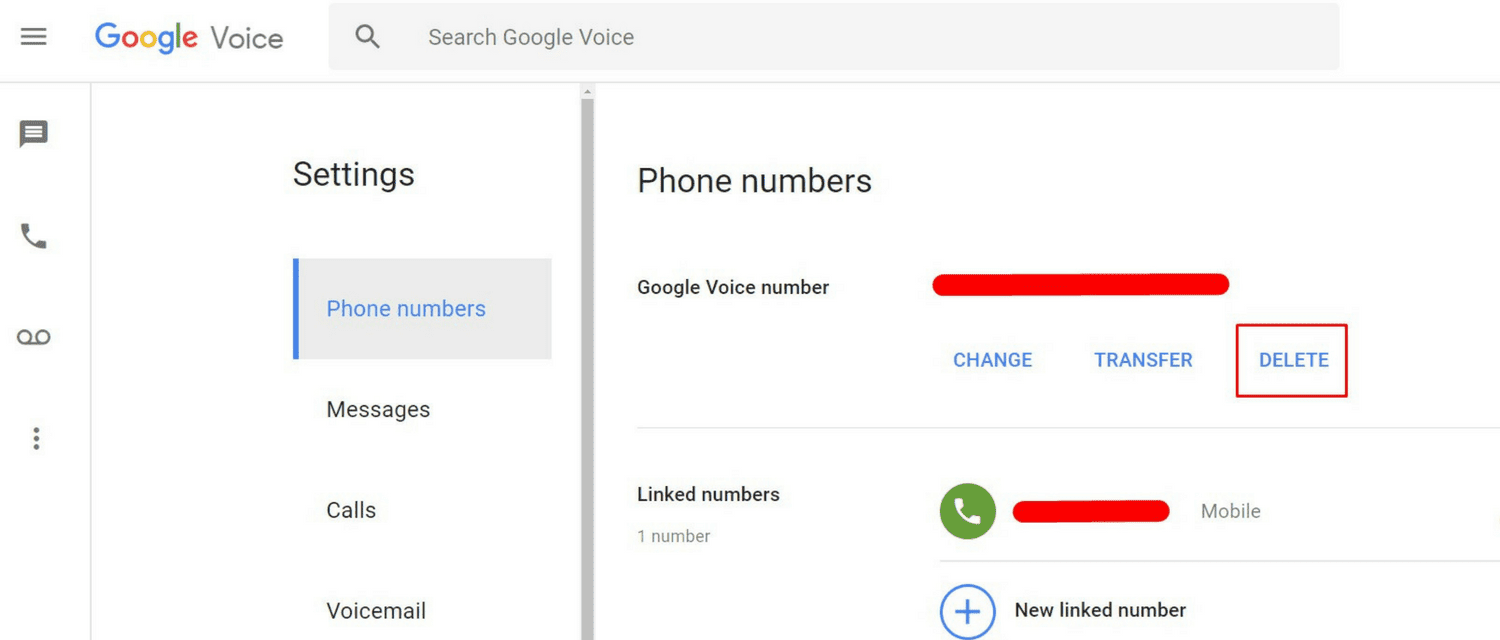 Tlačítko Odstranit, jak se zbavit telefonního čísla na snímku obrazovky Google Voice