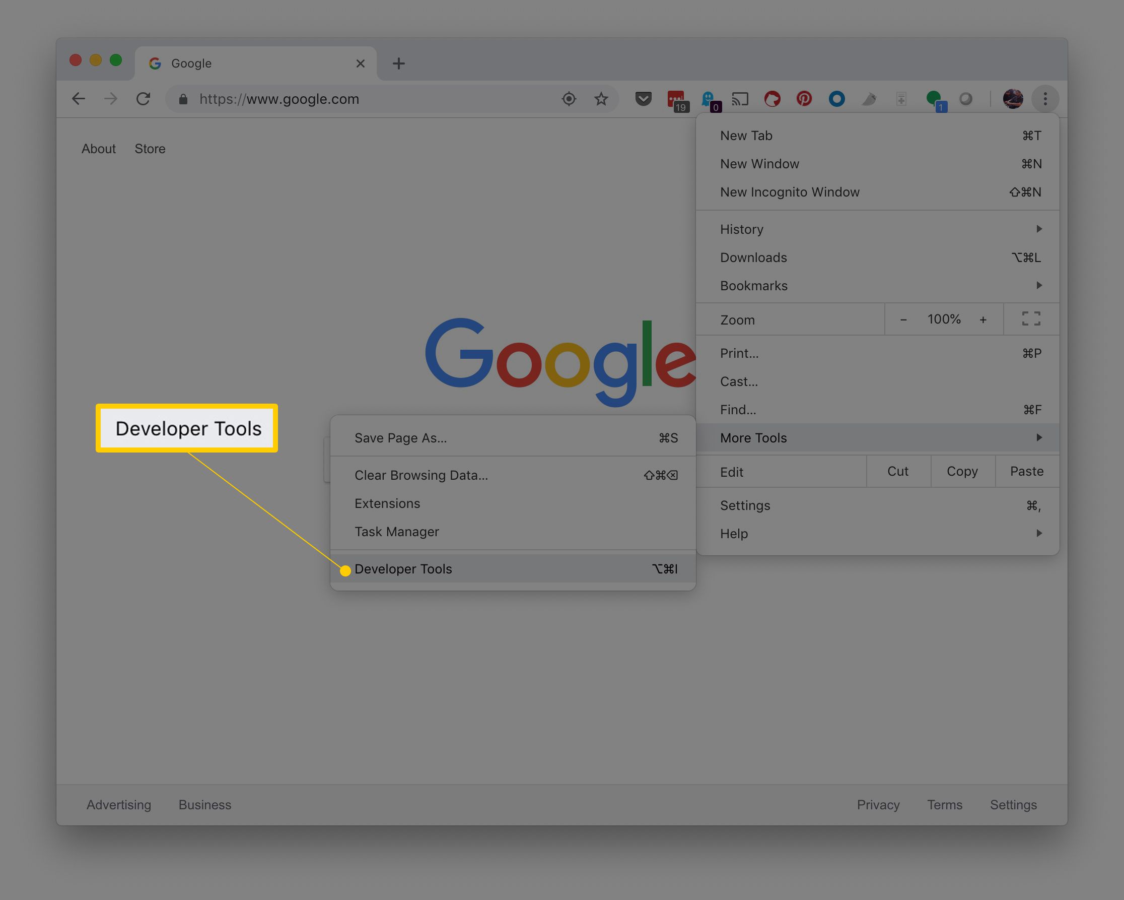 Položka nabídky nástrojů pro vývojáře v Google Chrome