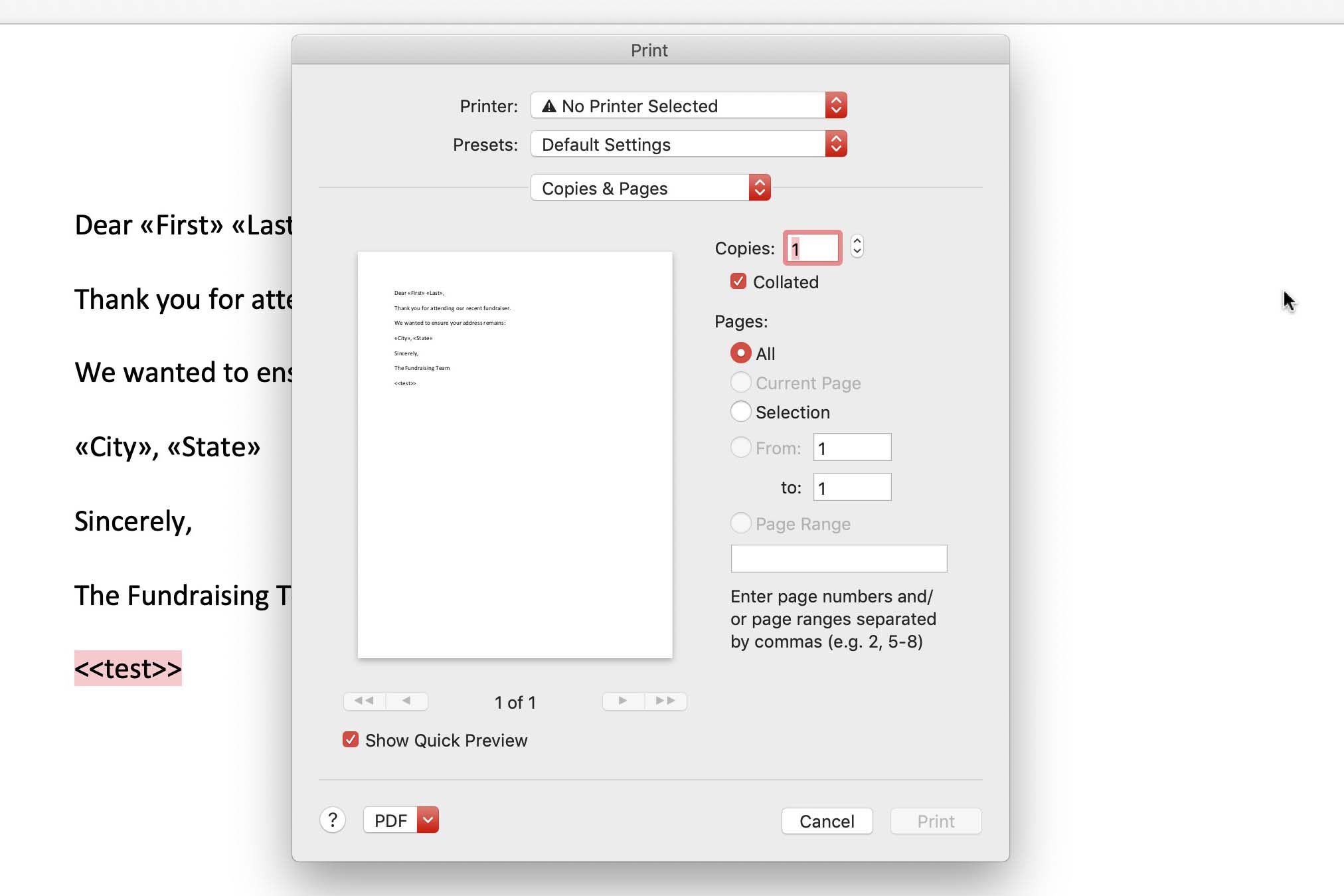 Snímek obrazovky aplikace Word zobrazující možnost Tisk pro hromadnou korespondenci
