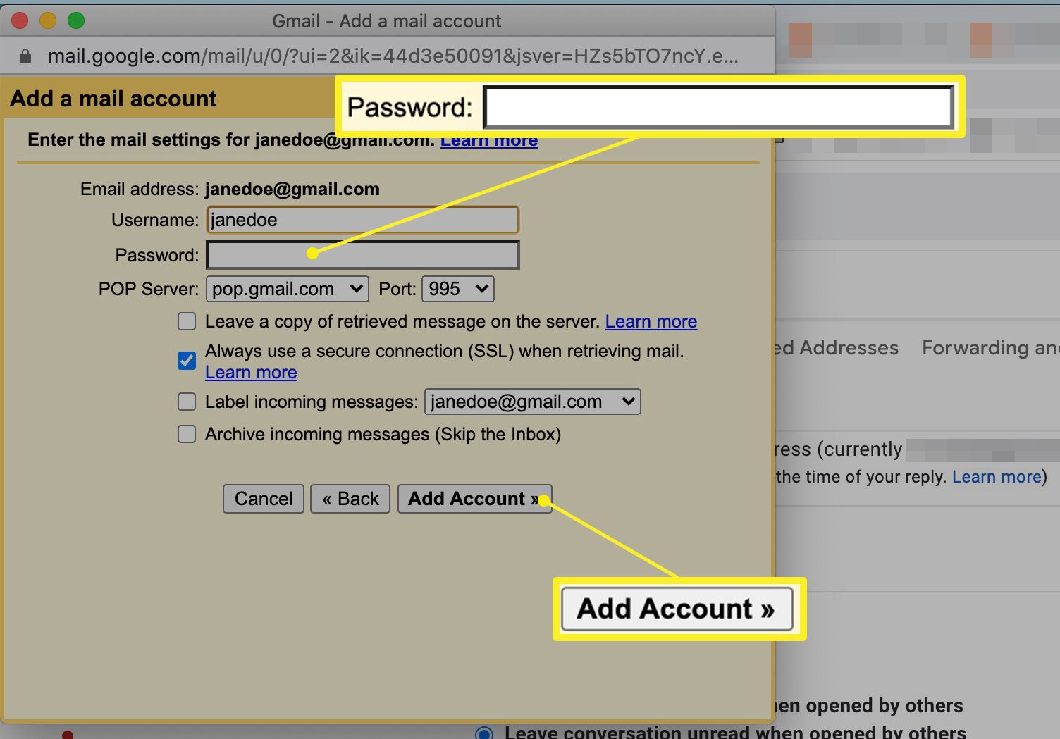 Přidejte pole pro heslo k poštovnímu účtu a tlačítko Přidat účet