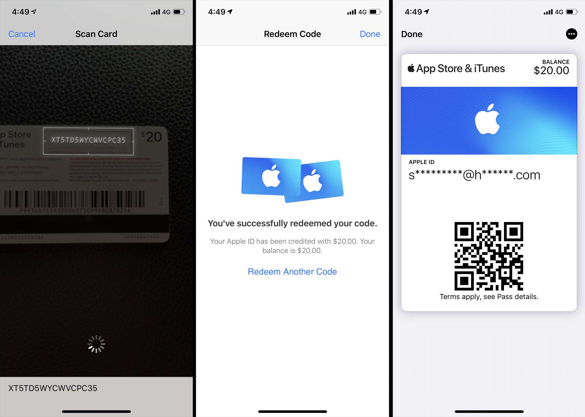 Uplatnění dárkové karty v aplikaci iPhone App Store a zobrazení kreditu v aplikaci Peněženka.