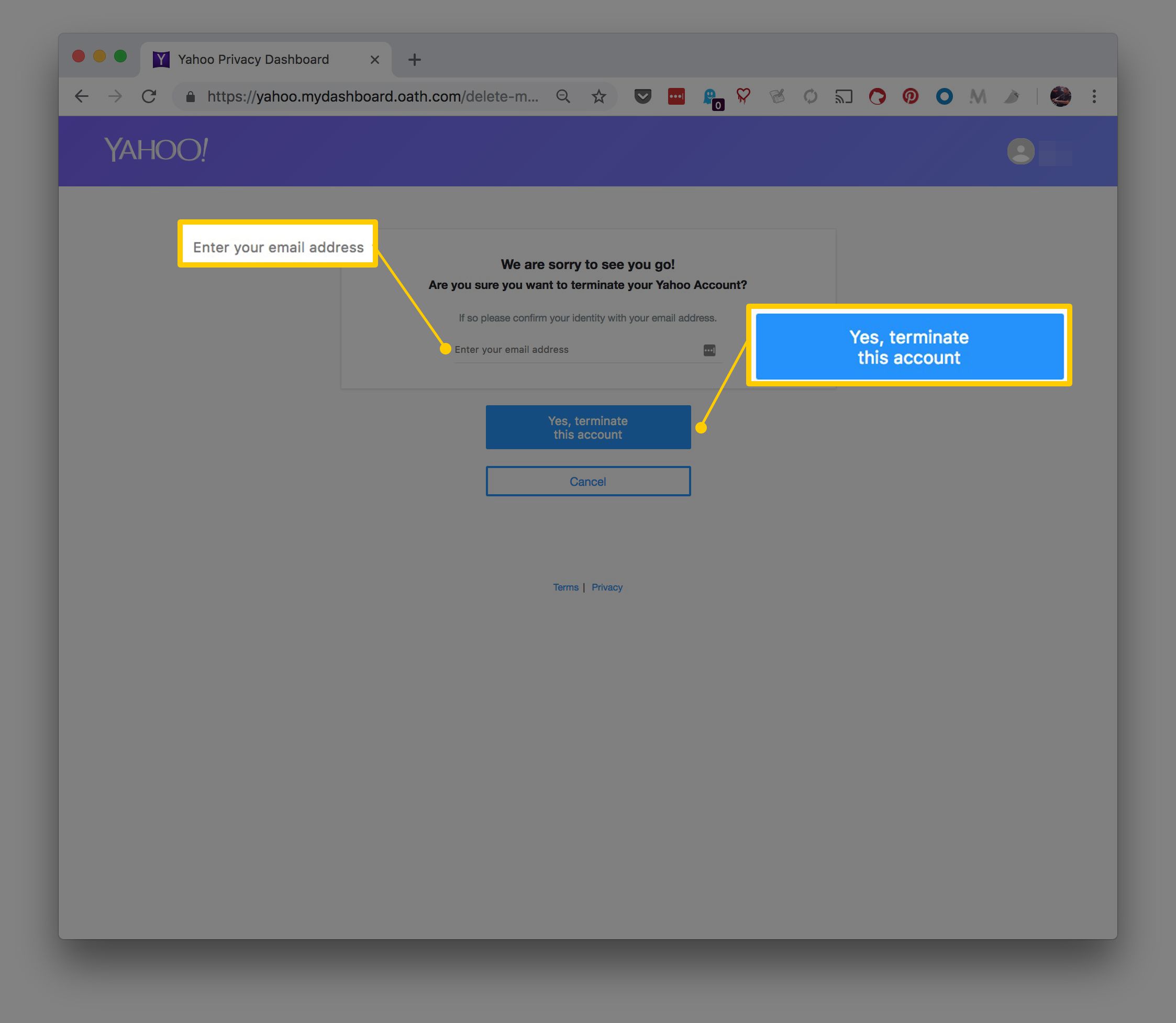 Screenshot z Yahoo Privacy Dashboard zvýrazněníint Zadejte svou e -mailovou adresu a Ano, zrušte tento účet