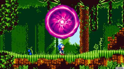 Sonic the Hedgehog zírá na tajemný portál v Sonic Mania.