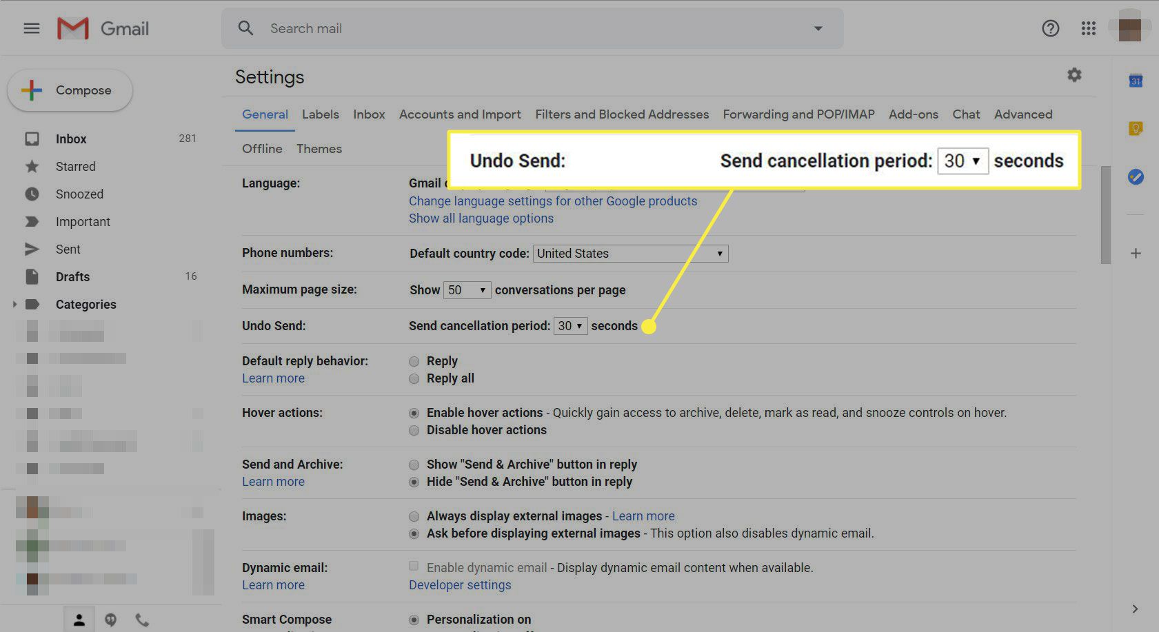 Snímek obrazovky nastavení Gmailu se zvýrazněnými možnostmi Zpět odeslat