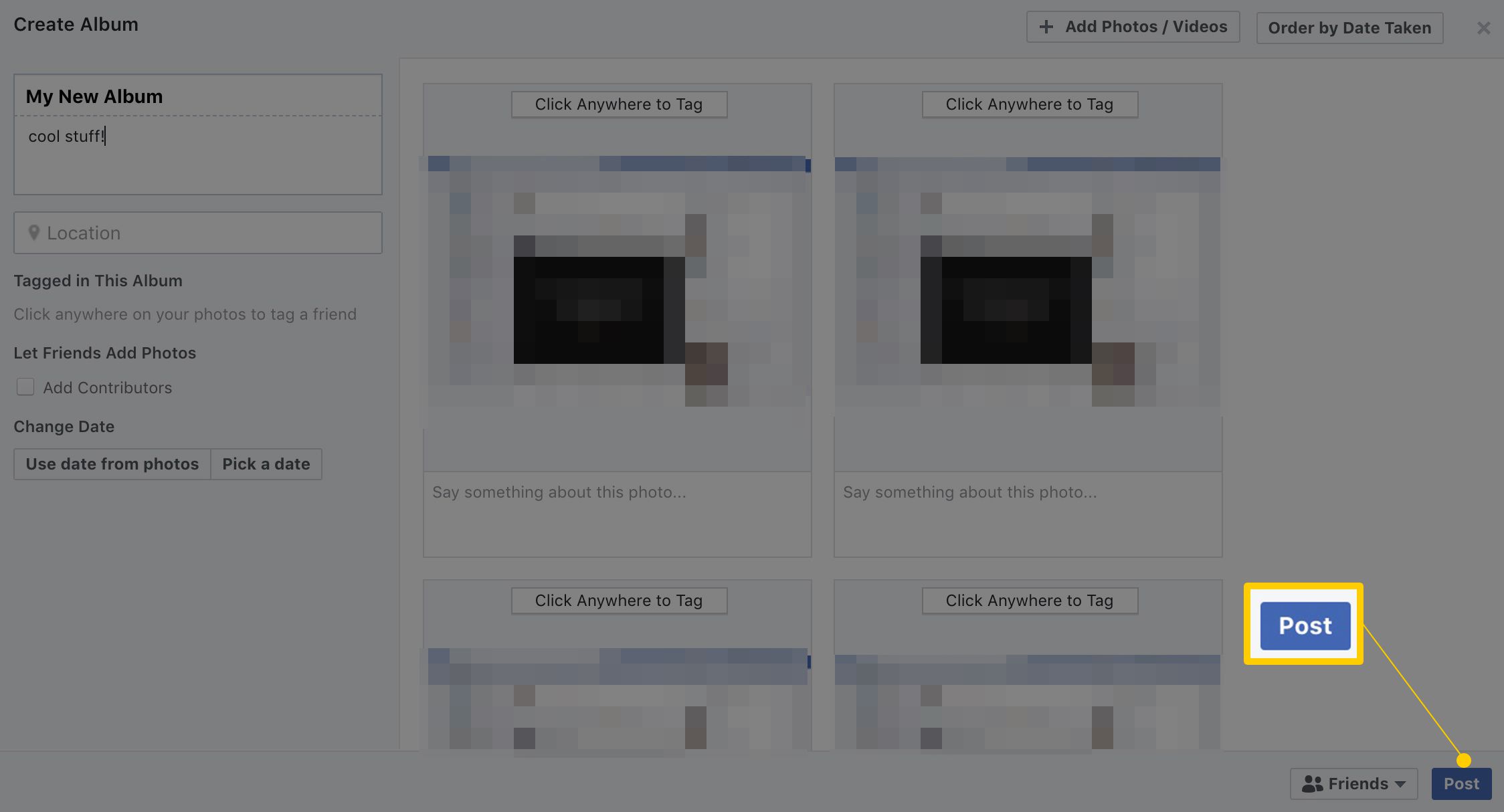 Tlačítko Odeslat na Facebooku Vytvořit stránku alba, součást procesu nahrávání více fotografií na Facebook