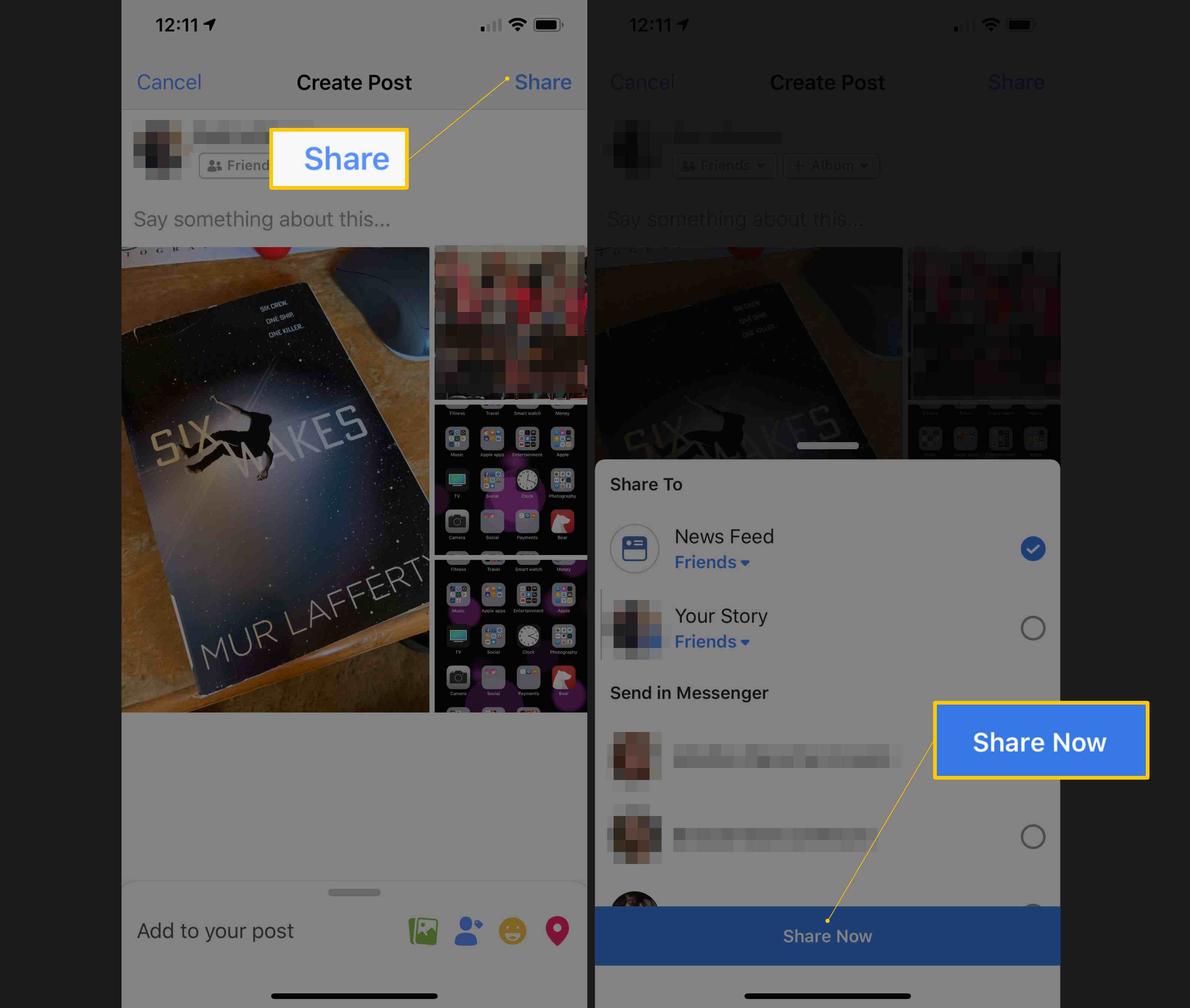 Dvě obrazovky iOS zobrazující tlačítka Sdílet a Sdílet nyní, součást procesu nahrávání více fotografií na Facebook