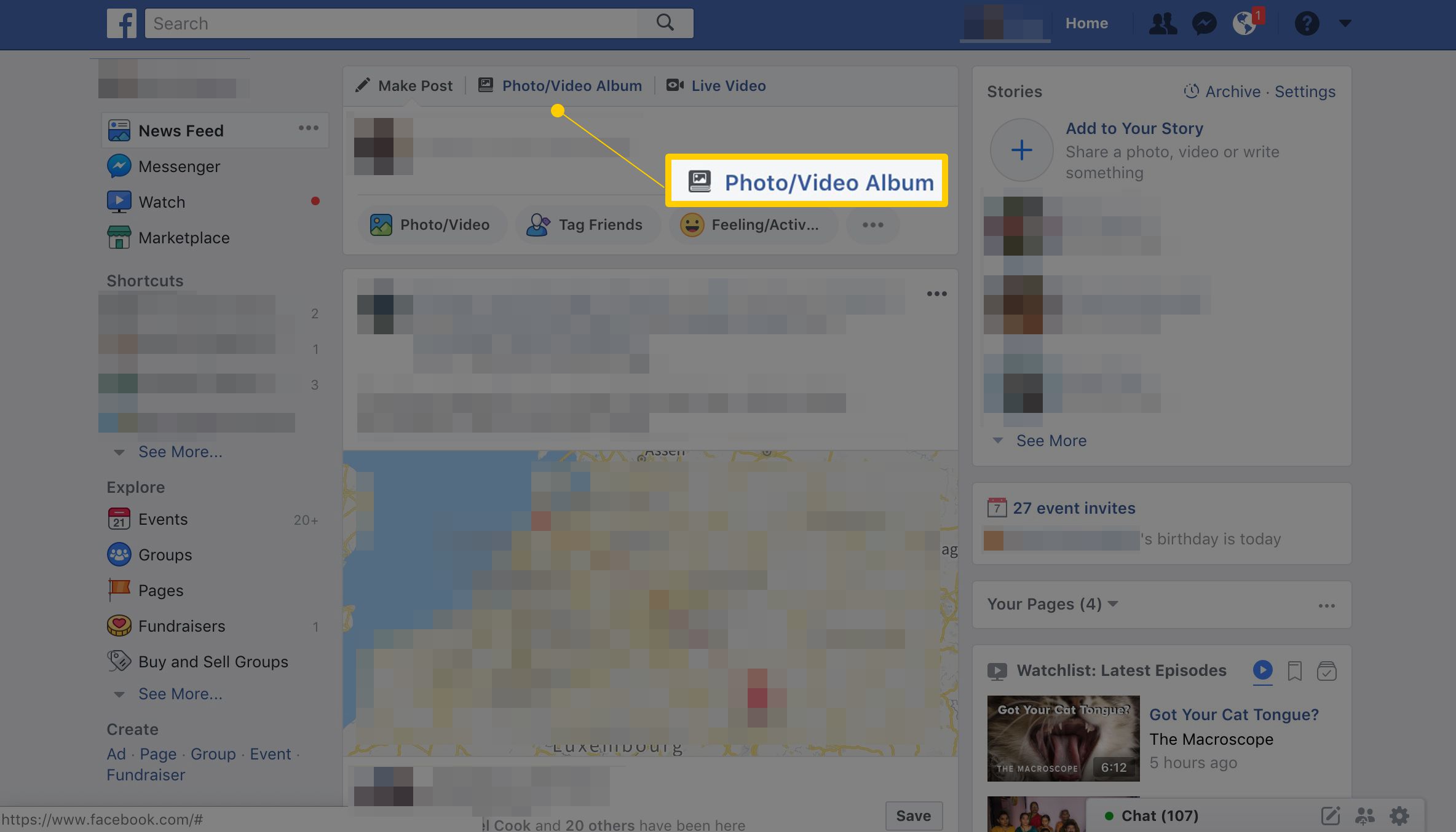 Tlačítko Photo/Video Album na hlavní stránce na Facebooku, součást procesu nahrání více fotografií na Facebook
