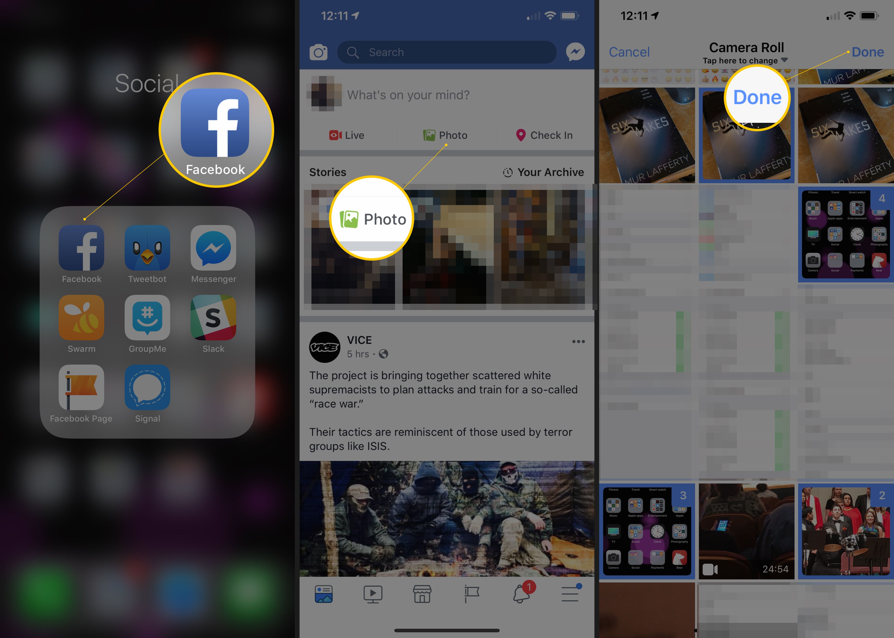 Tři obrazovky iOS s ikonou Facebooku, tlačítkem Foto a tlačítkem Hotovo, součást procesu nahrávání více fotografií na Facebook