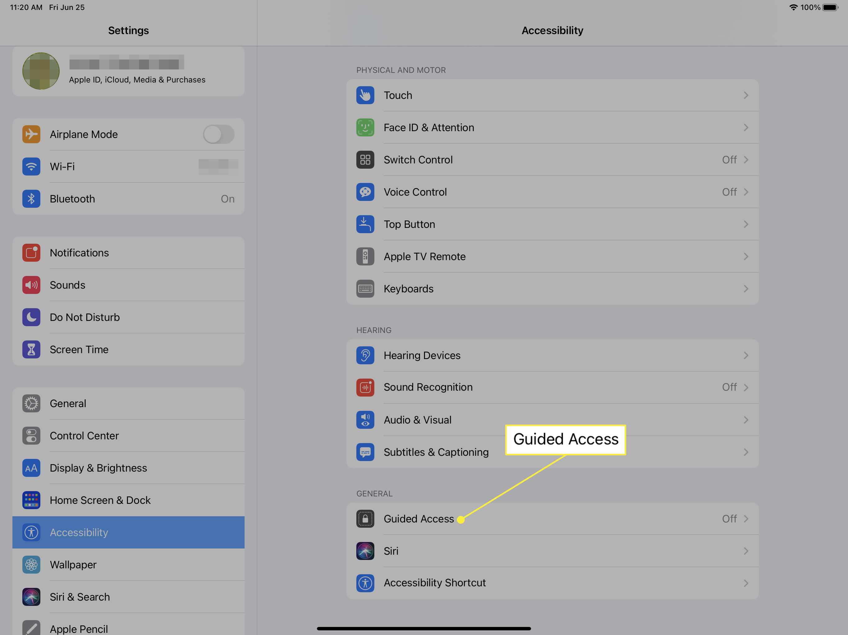 Nastavení přístupnosti iPadu se zvýrazněným přístupem s průvodcem