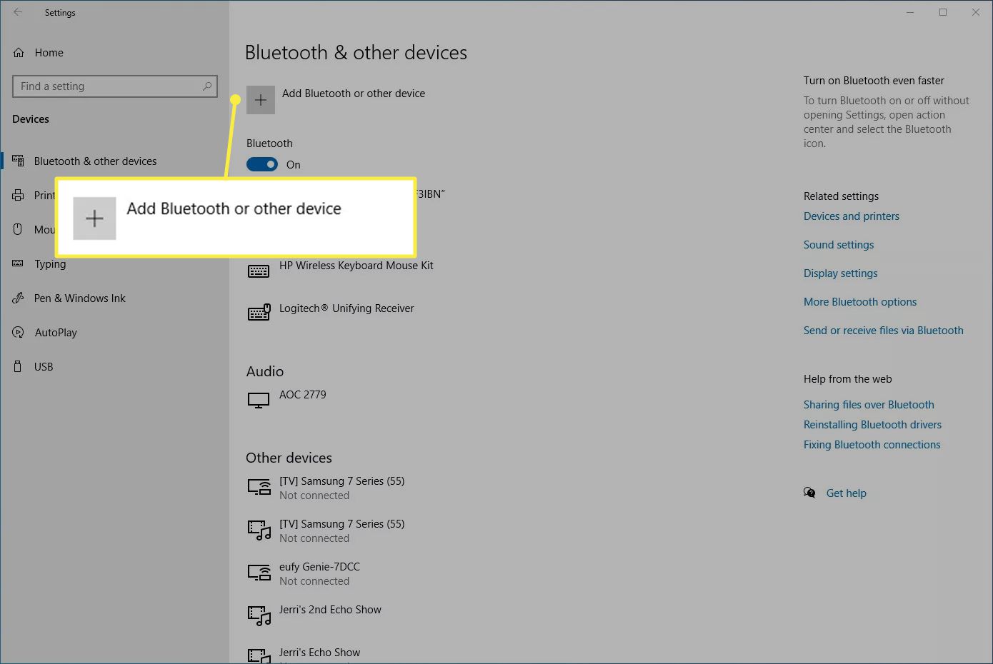 Přidejte možnost Bluetooth nebo jiné zařízení z nabídky Bluetooth a další zařízení v systému Windows
