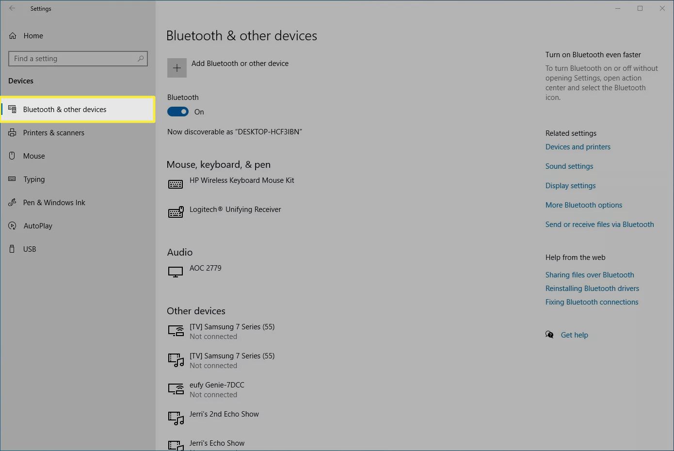 Bluetooth a další zařízení zvýrazněná v Nastavení systému Windows