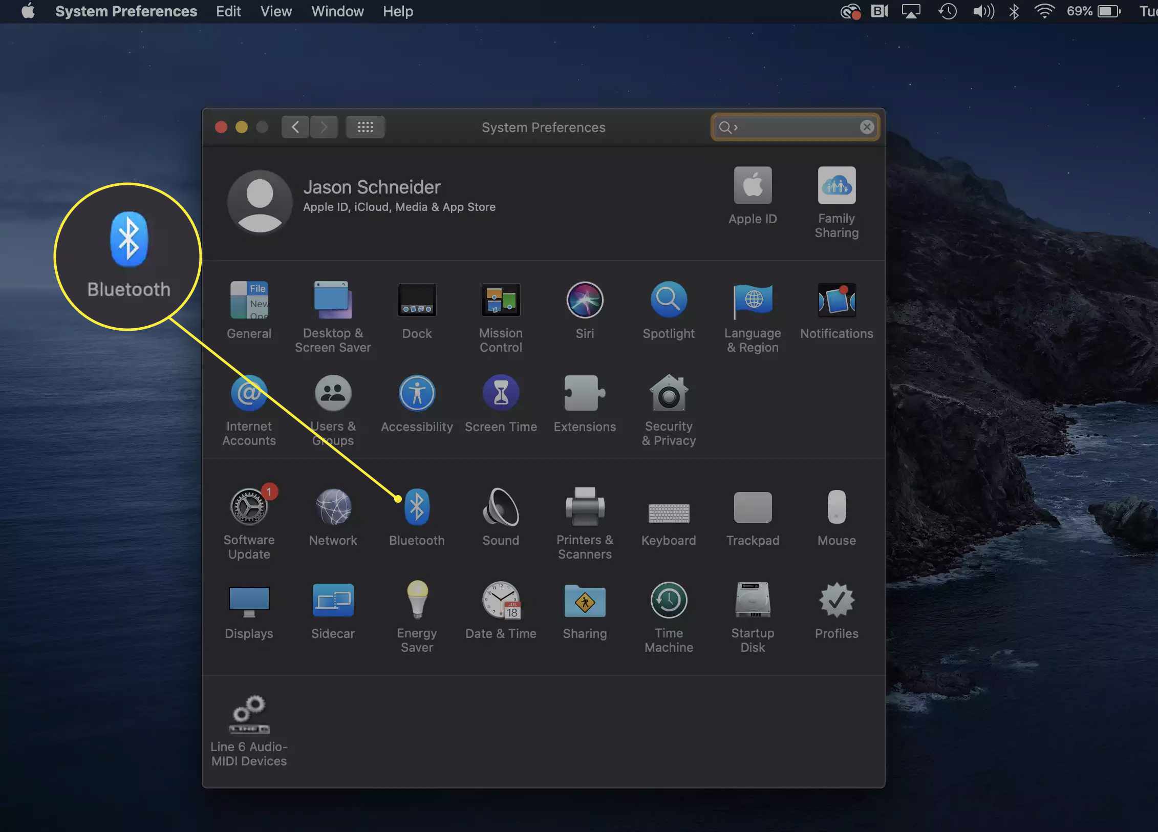 Okno Předvolby systému na Macu s ikonou Bluetooth. 