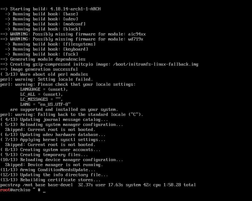 Základní instalace Arch Linuxu je dokončena.