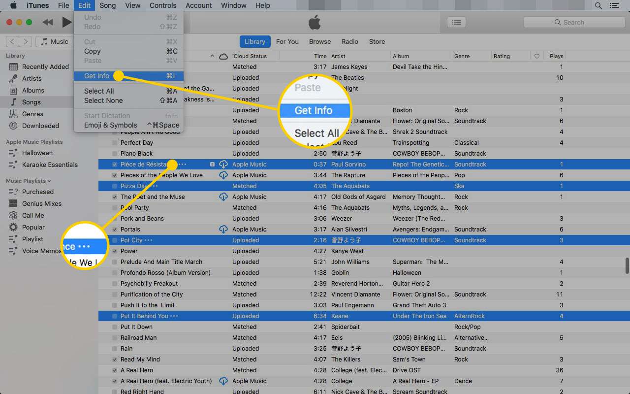 iTunes na Macu se zvýrazněnou možností Získat informace v nabídce Úpravy