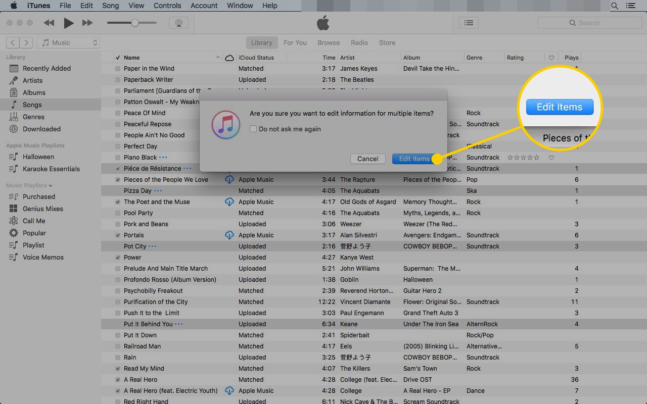 Dialogové okno v iTunes se zvýrazněným tlačítkem Upravit položky