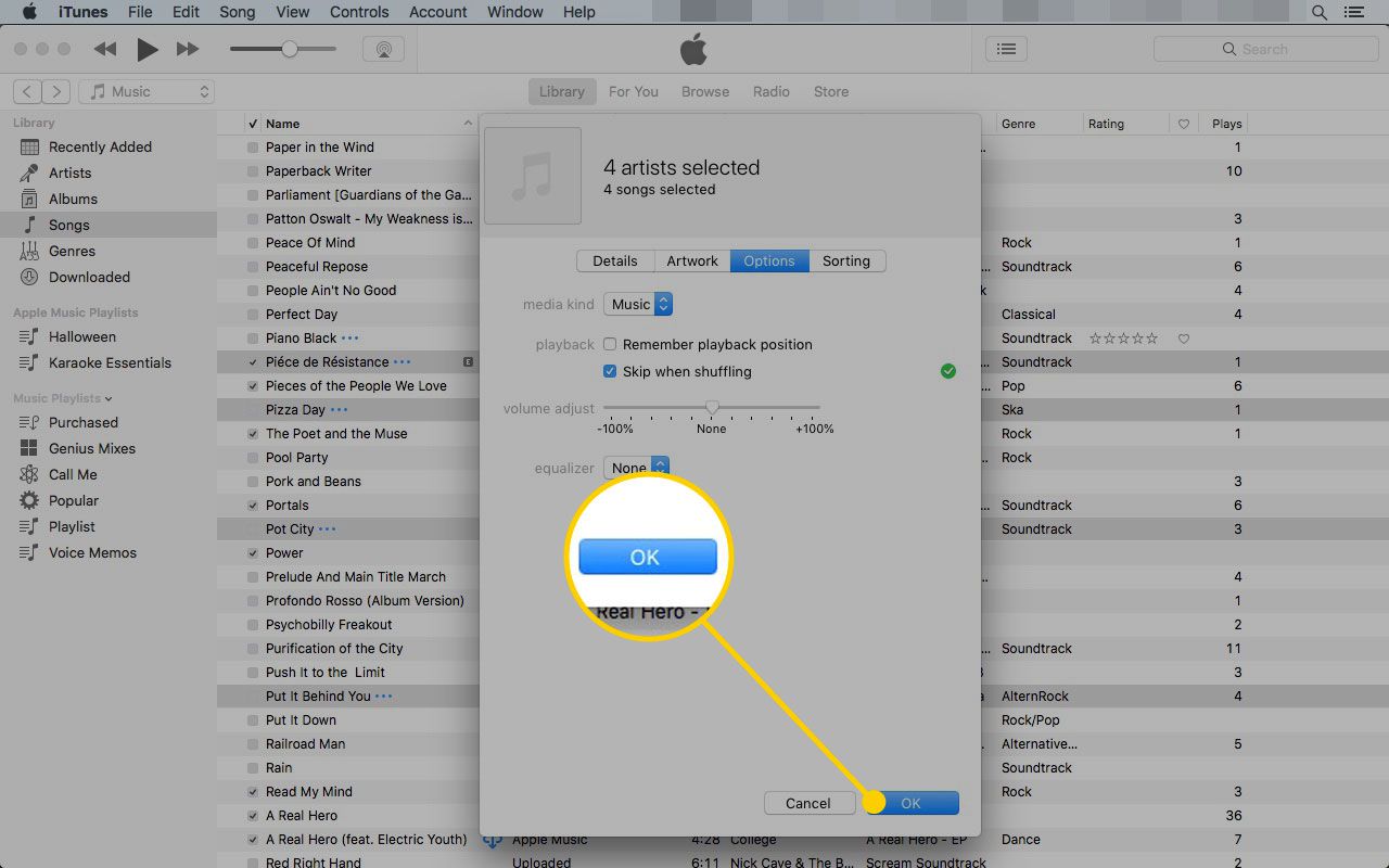 Karta Možnosti v poli Získat informace iTunes se zvýrazněným tlačítkem OK