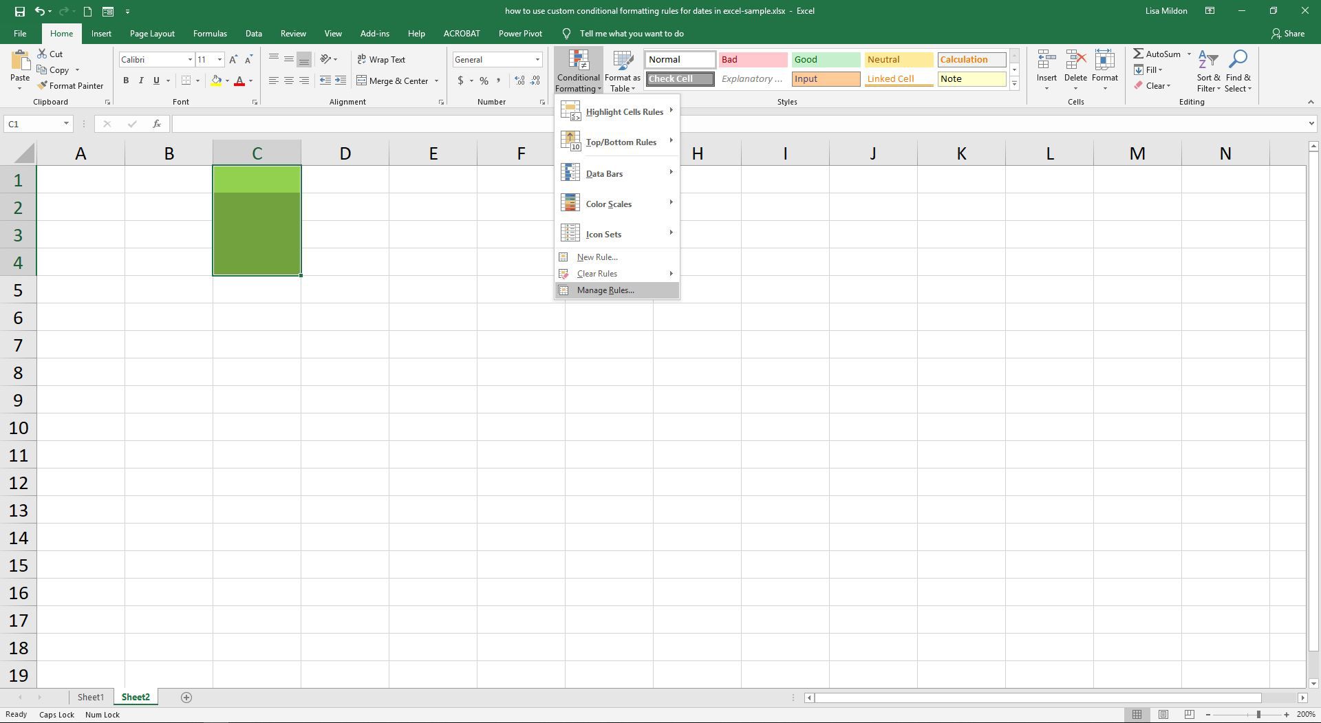 Snímek obrazovky aplikace Excel zobrazující možnost Spravovat pravidla